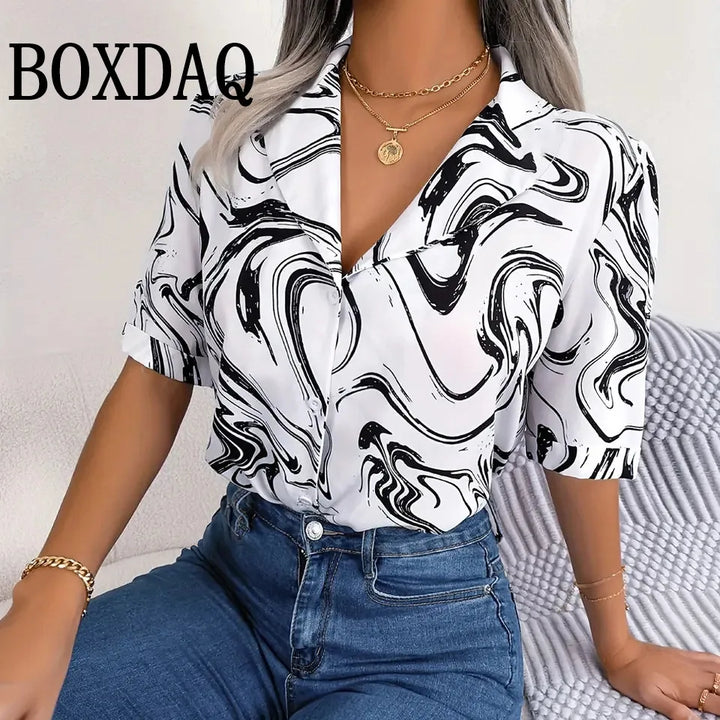 Shirt Fashion Color Matching Printed V-Neck Shirt Ladies Casual Elegant Women Blouse Summer Ladies Hawaiian Vacation Shirts 2025