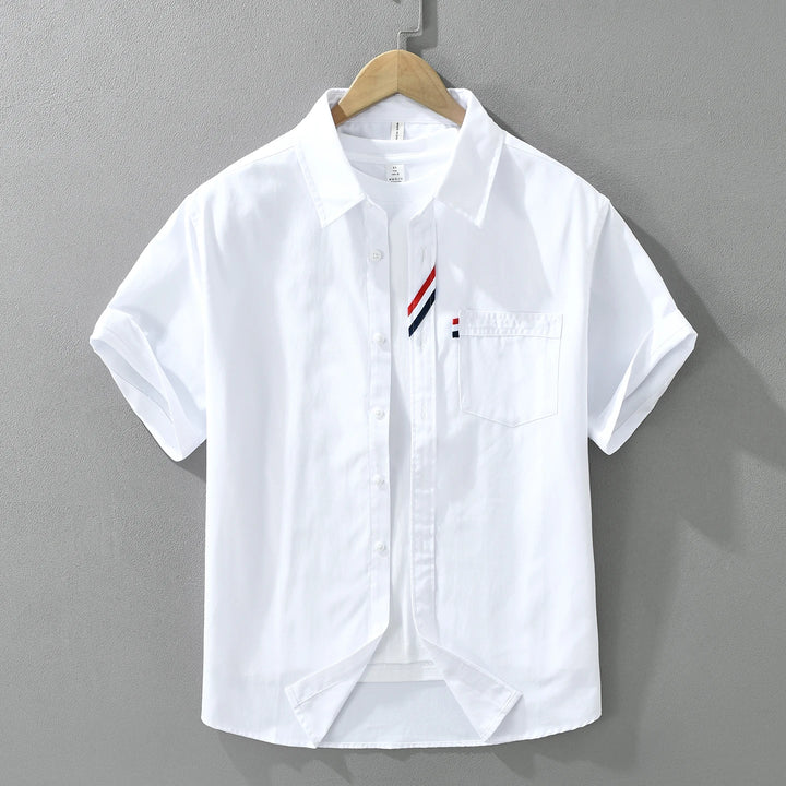 Men's 100% Cotton Short-Sleeve Shirt – Classic Turn-Down Collar, Slim Fit with Chest Pocket & Striped Detail