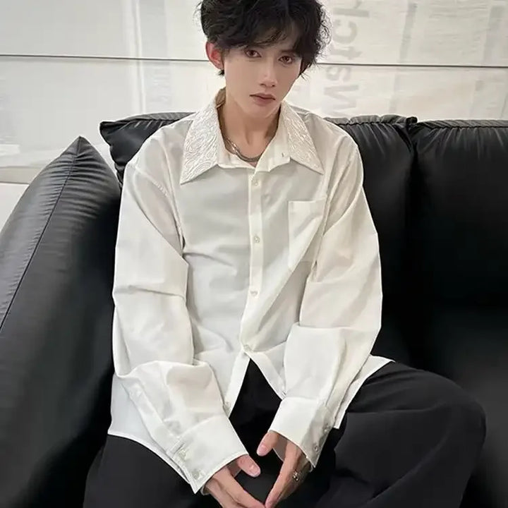 Men's Satin Shirt with Embellished Collar
