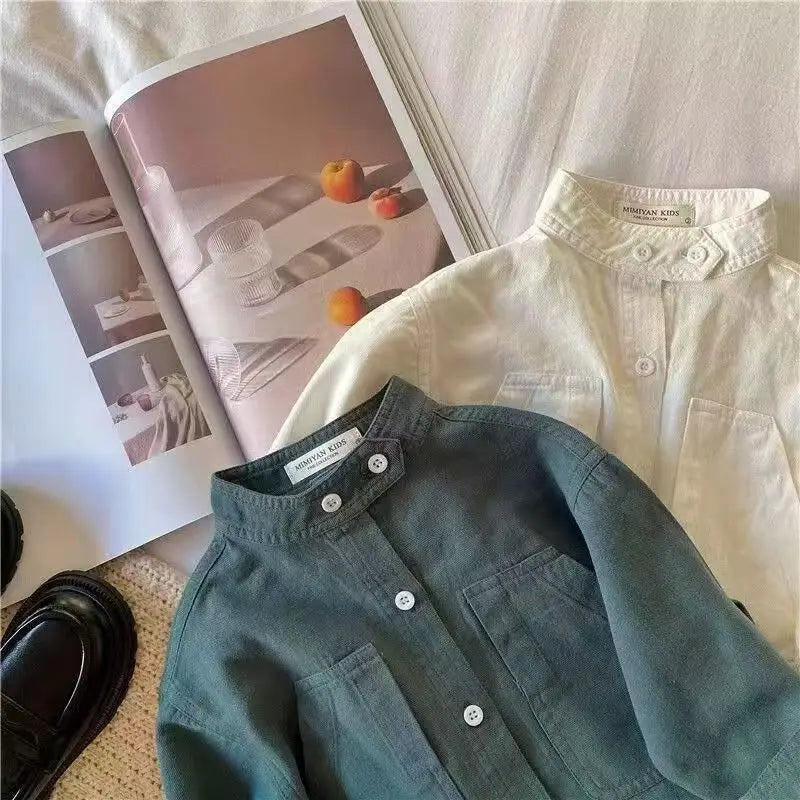 Children's Shirt Spring Autumn New Solid Color Standing Neck Shirt for Boys Girls Top Coat Solid Color Baby Children's Clothing