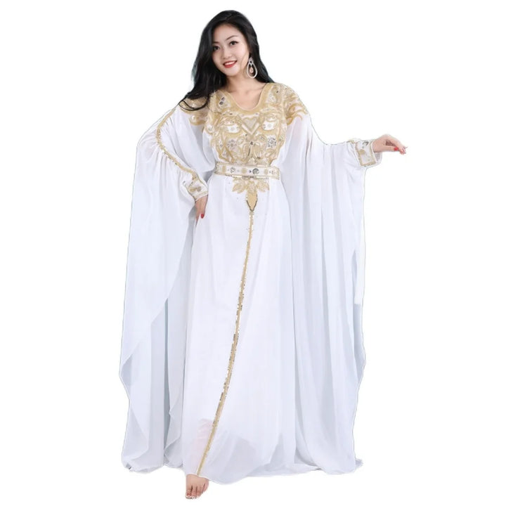 Egyptian Traditional Khaleeji Thobe Dress Folk Dance Robe Belly Dance Kaftan Rhinestone Competition Khaleegy Costume with Belt