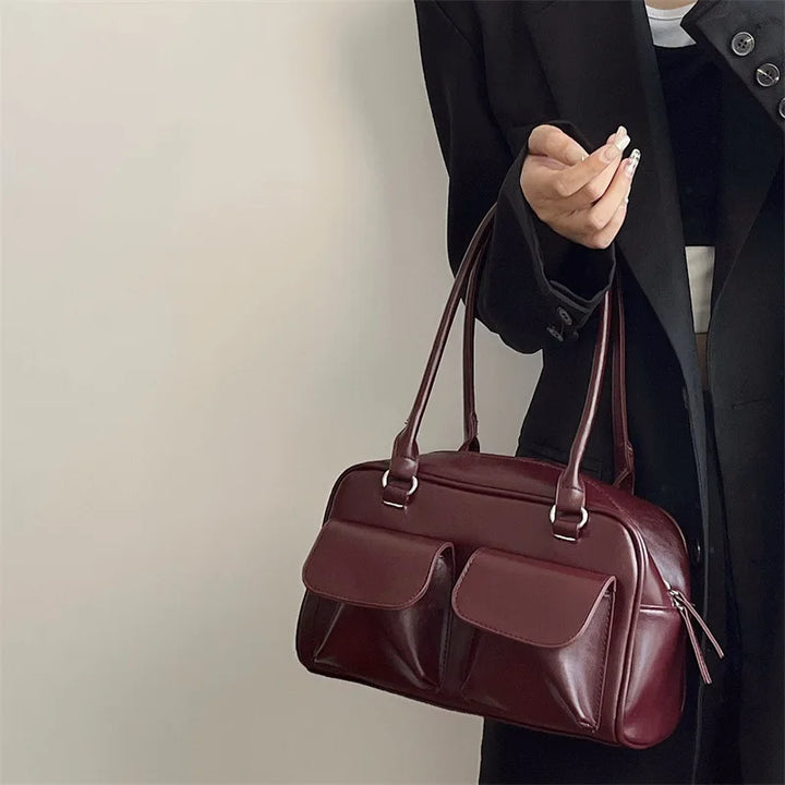 Vintage Women’s PU Leather Shoulder Bag – Large Burgundy Tote & Commute Purse