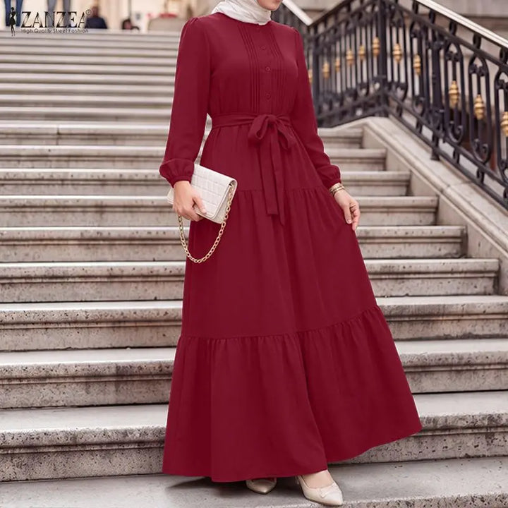 ZANZEA Elegant Muslim Abaya Dress Women O Neck Long Sleeve Pleated Sundress Maxi Robe Casual Kaftan Stylish Party Dress Ramadan