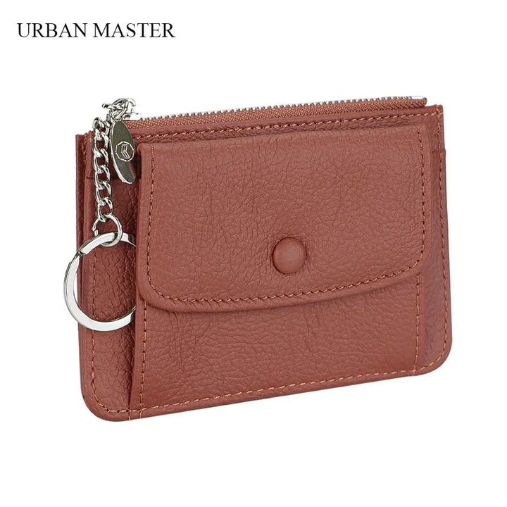 محفظة جلدية نسائية للبطاقات والعملات المعدنية مع سلسلة مفاتيح