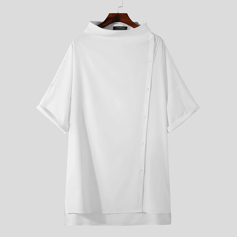 Handsome Well Fitting Men's Casual Shirts Solid Color Turtleneck Half Sleeve Button Up Camisa Masculina S-5XL INCERUN Tops 2023