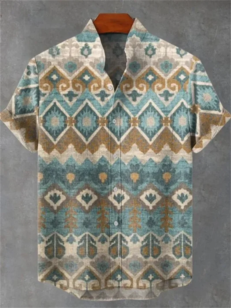Men's Fashionable Casual Shirt Short-Sleeved 3D Printed Pattern Clothing Shirt Linen
