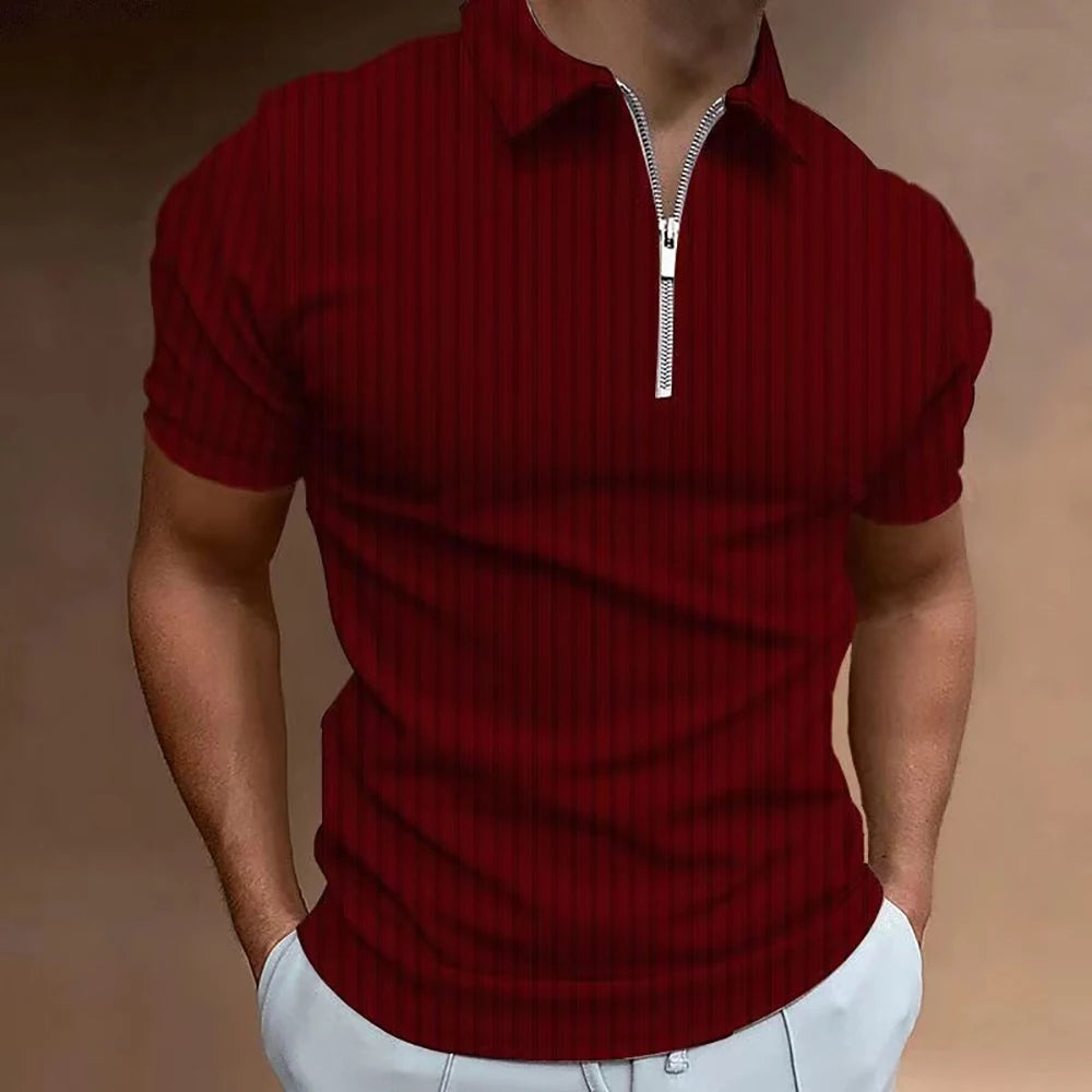 Men Striped Golf Shirt with Quarter Zipper Lapel Casual Holiday Short-Sleeved T-Shirt Fashionable Basic Style Regular Fit Shirt