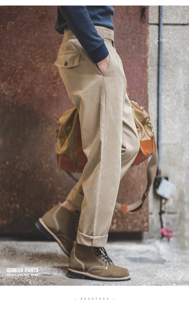 Maden Vintage Adjustable High Waist Gurkha Pants Khaki Casual Cargo Work Pants Classic Straight Trousers for Men's Spring Fall