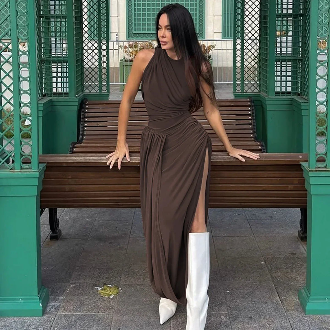 Woman Clothing O-neck Sleeveless Tunics High Slit Long Dress Streetwear Y2K Female High Waist Ruched Solid Holiday Party Dresses