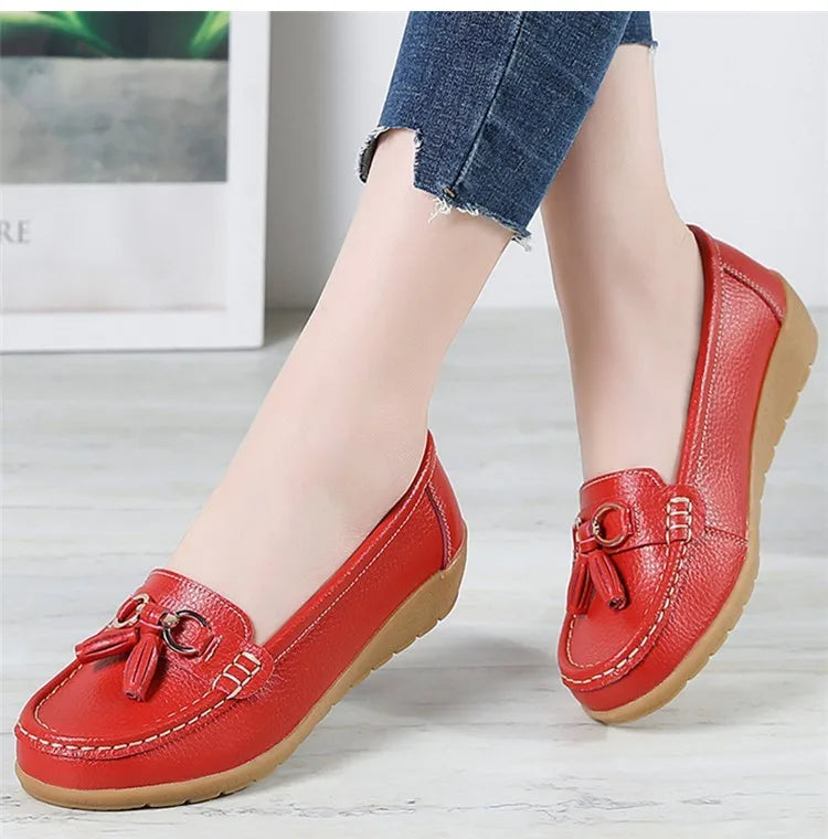 Women’s Leather Loafers – Breathable Chunky Flat Shoes