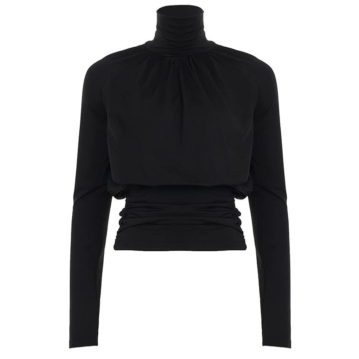 Solid Black T Shirts For Women Elegant Clothes Turtleneck Camisetas Lady Tops Long Sleeve Ropa De Mujer Shirring Feminist Shirt