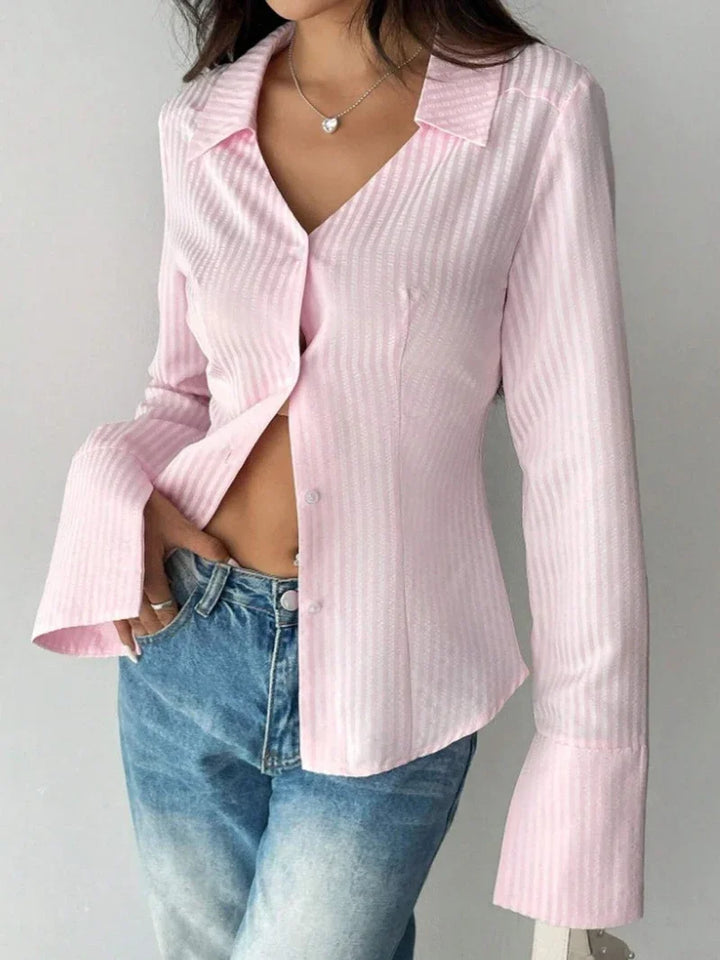 Pink Striped Shirt Women Sexy Turn Down Collar Spring Autumn Chic Blouse Fall Fashion Long Sleeve Single Breasted Slim Tops New