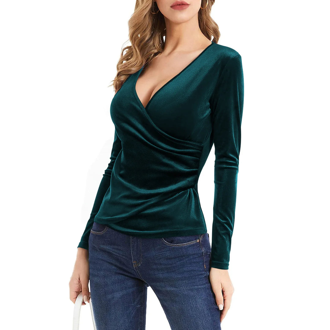 Women’s Sexy V-Neck Ribbed Top – Warm Long-Sleeve Shirt