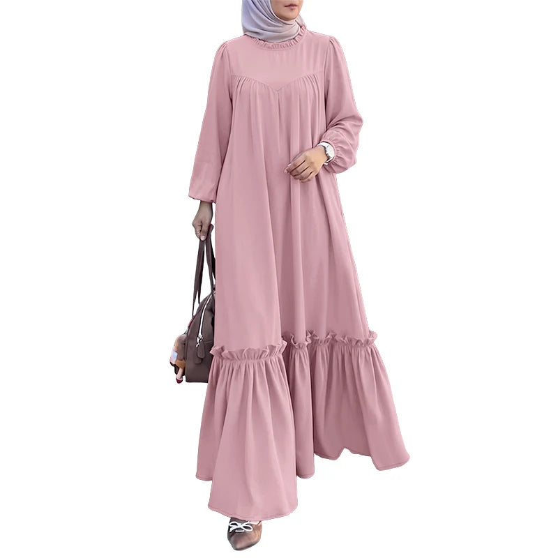 ZANZEA Muslim Modest Fashion Maxi Dress Women's Hijab O-Neck Long Sleeve Ruffled Hem Abaya Robes Islamic Ramadan Eid Kaftan