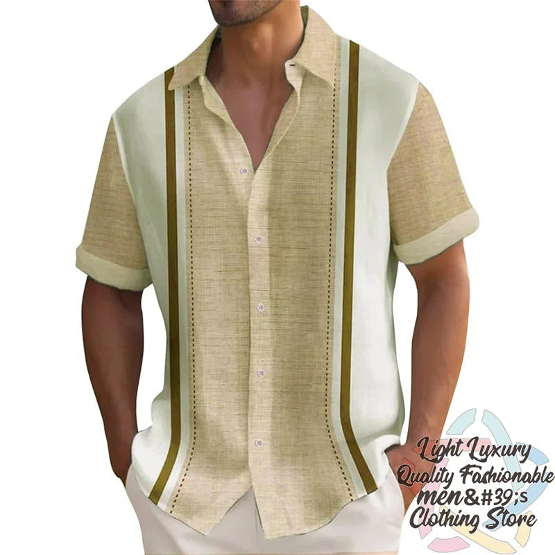 Men's shirts Summer striped linen print shirts Casual short-sleeved button Hawaiian shirts Oversized men's tops outfit collar