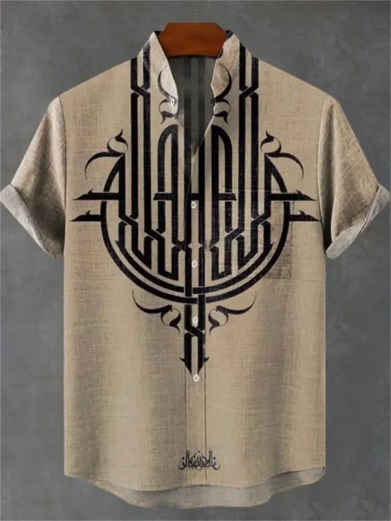 Men's Fashionable Casual Shirt Short-Sleeved 3D Printed Pattern Clothing Shirt Linen