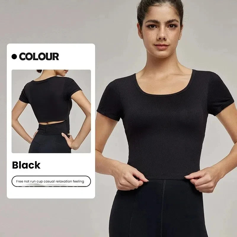 High-End Yoga Top for Women Summer Fitted Sports Short-Sleeve T-shirt Breathable Anti-Slip Cup Design