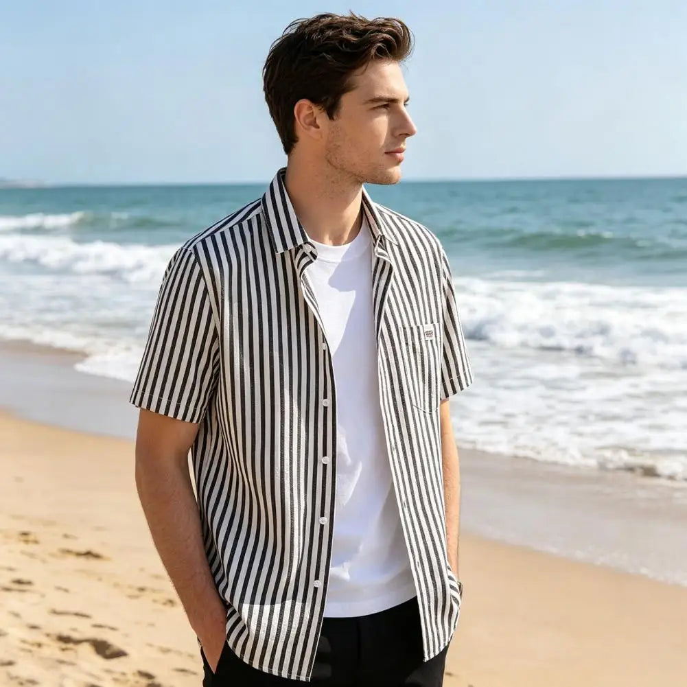 Men Striped Shirt Short Sleeve With Patch Pocket Lapel Loose Fit Summer Casual Button Down Tops