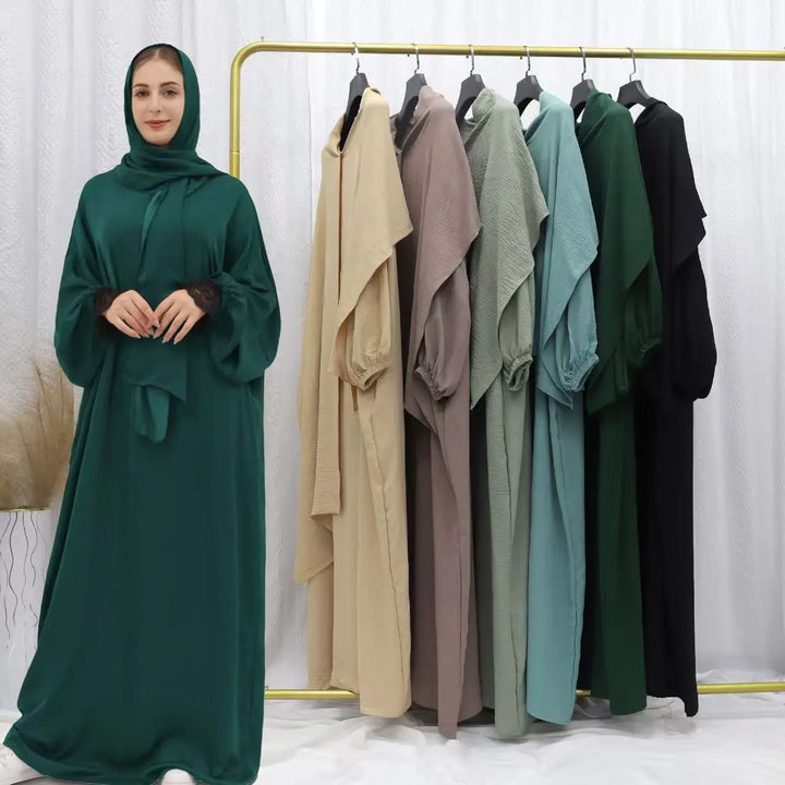 Abaya Dubai with Integrated Hijab Scarf Muslim Dress Women Zipper Front Side Pockets Islamic Clothing Modest Turkish Gown Casual