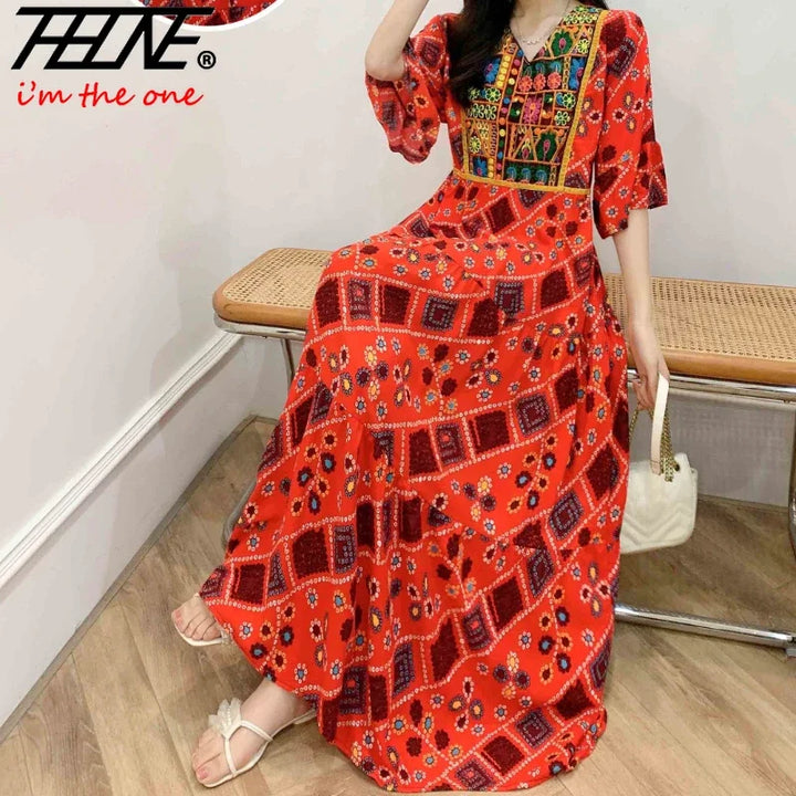 Women’s Indian Summer Dress – Embroidered Elegant Maxi Party & Beach Dress