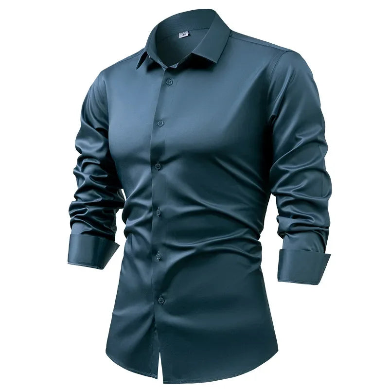 High-end Satin Shirts for Men Fashion Long Sleeved Solid Dress Shirts Men's Business Social Non-ironing Wrinkle-resistant Shirts
