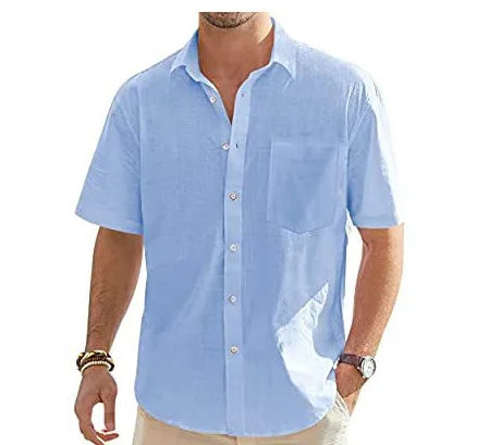 Men's Summer New Style European and American Fashion Classic Comfortable Breathable Cotton and Hemp Solid Color Top Shirt