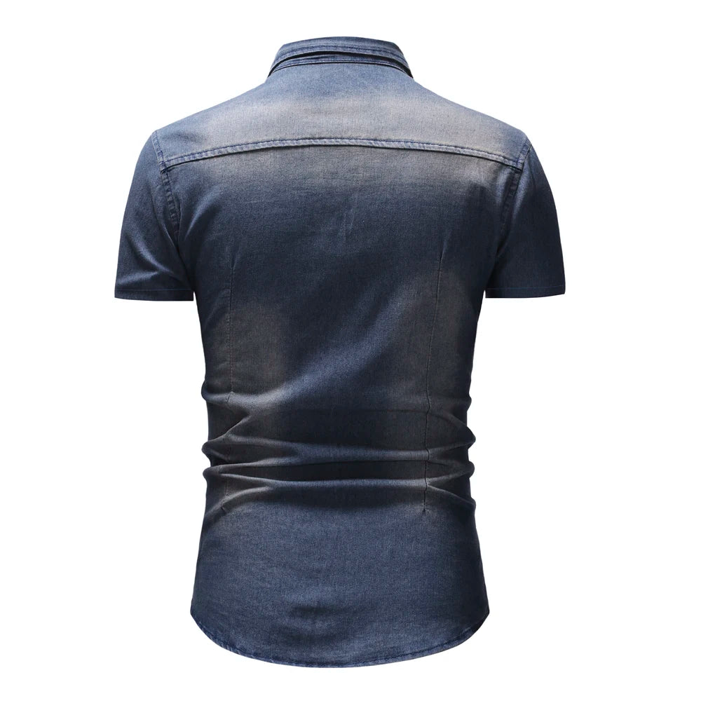 Men Denim Shirts Tops Shirt Short Sleeve Button Turn Down Collar Single Breasted Slim Fit Solid Simple Casual Splice Top 2024