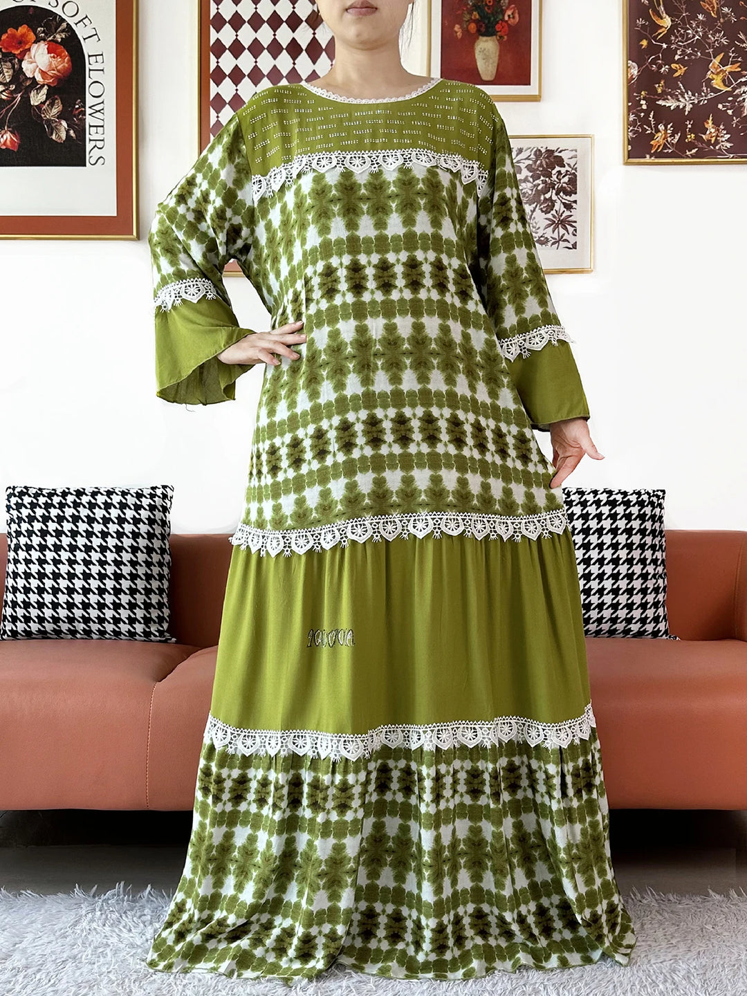High Quality Women Party Kashkha Abaya Wave Floral Cotton Abaya African Boubou Muslim Loose Kaftan Maxi Dress with Big Shawls