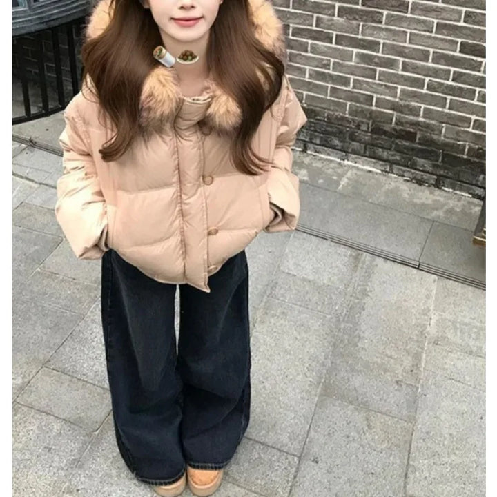 Korean Retro Big Fur Collar Cotton Clothes for Women's Autumn and Winter New Waist Thin Warm Jacket Khaki Bread Clothes