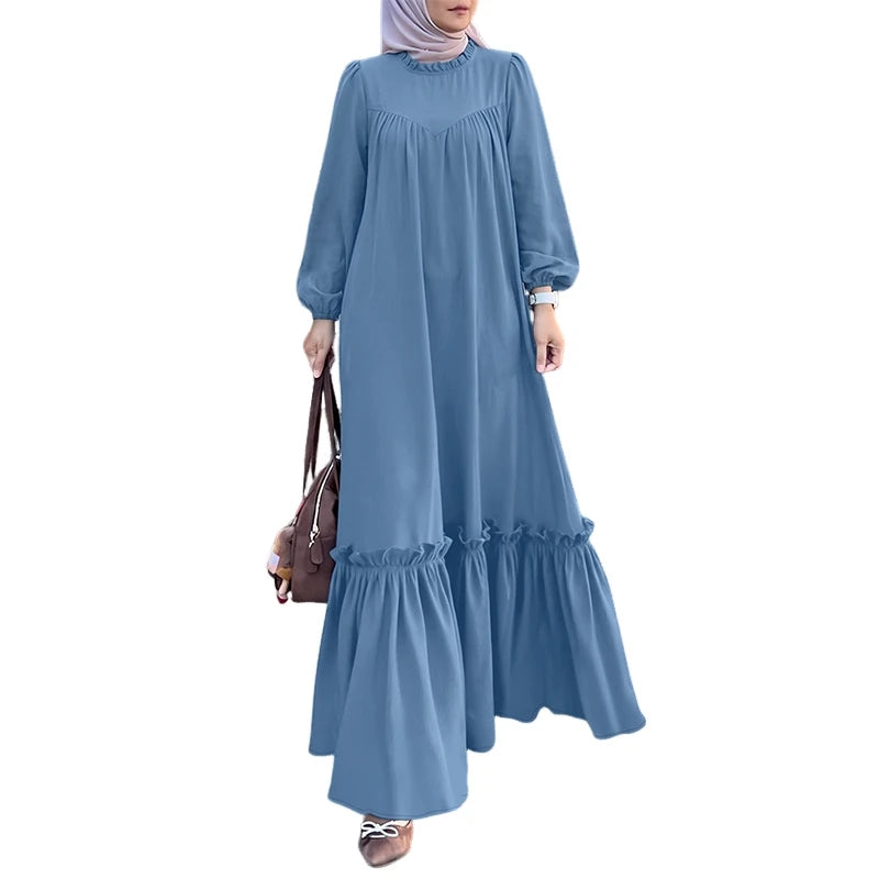 ZANZEA Muslim Modest Fashion Maxi Dress Women's Hijab O-Neck Long Sleeve Ruffled Hem Abaya Robes Islamic Ramadan Eid Kaftan