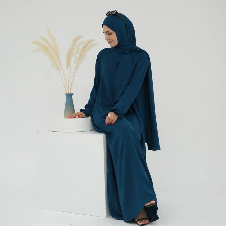 Abaya Dubai with Integrated Hijab Scarf Muslim Dress Women Zipper Front Side Pockets Islamic Clothing Modest Turkish Gown Casual