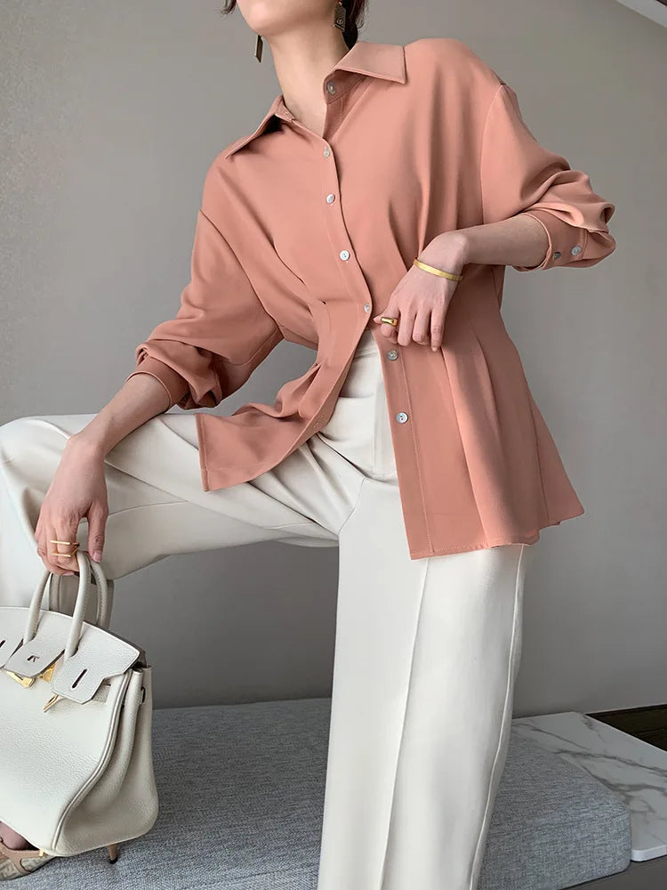 Elegant Women Shirts Woman Waist Long Sleeve Lapel Single Breasted Sashe Shirt Office Lady Business Pleated Ruched Blouses Tops