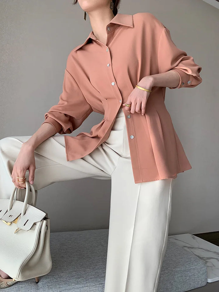 Elegant Women Shirts Woman Waist Long Sleeve Lapel Single Breasted Sashe Shirt Office Lady Business Pleated Ruched Blouses Tops