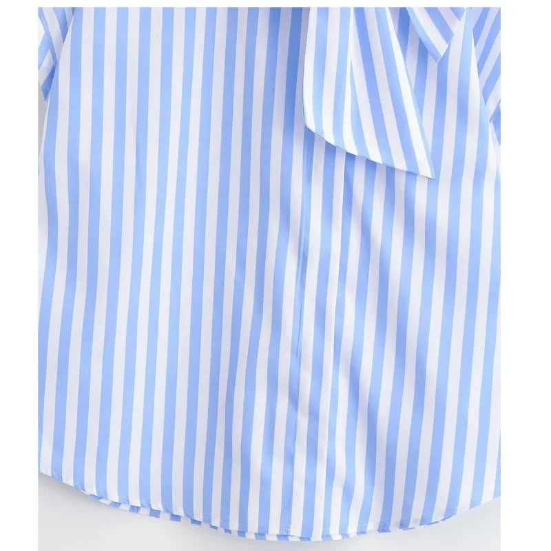 Women's Striped Shirts 2026 Summer Fashion High Neck With Bow Short Sleeve Blouses Casual Female Loose Buttons Tops