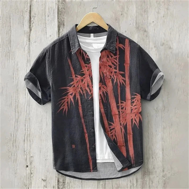 Men's shirt, small fish eating big fish, fashionable and casual, slim fit, Hawaiian men