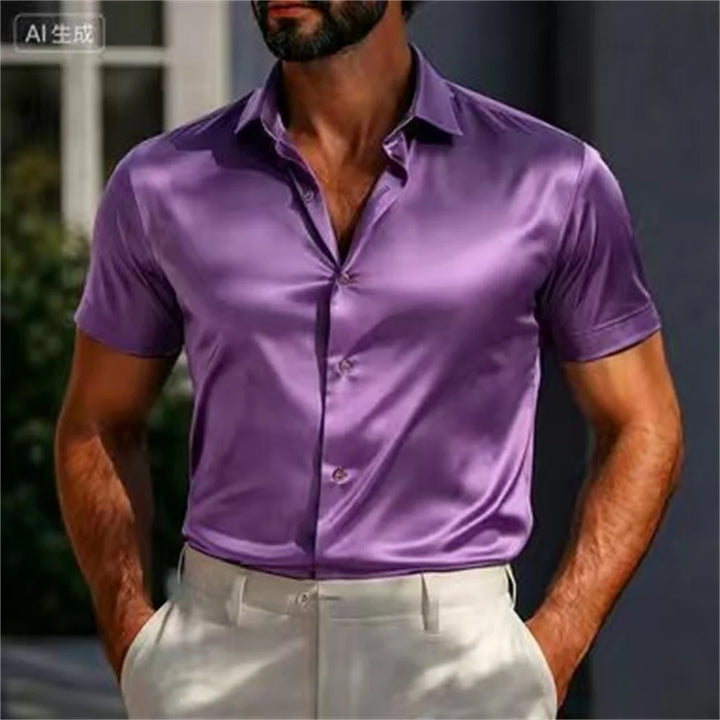 Men's Shirts Satin Shirts Formal Shirts Solid Color Daily Outdoor Light Blue Black White Navy Blue Short Sleeve Cuffed Summer Cl