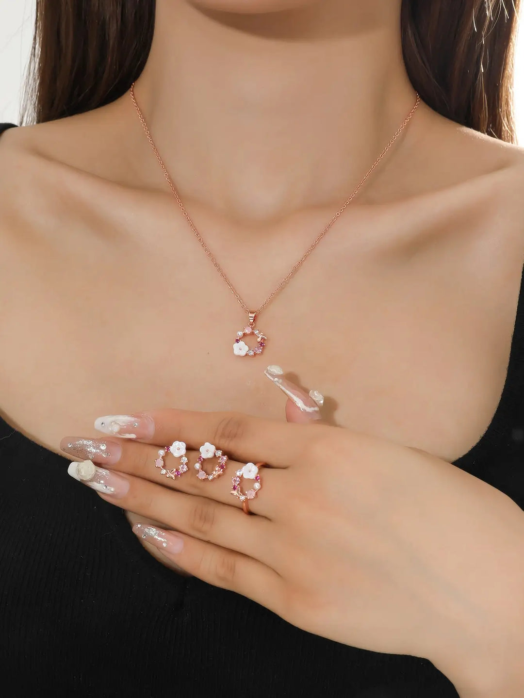 Women’s Rose Gold Flower Jewelry Set – Necklace, Ring & Earrings