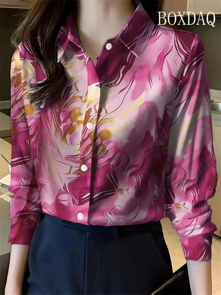 Women Shirt 2025 Autumn Clothes Women Vintage Blouses Office Lady Long Sleeve Blouse Button Up Lapel Shirts OL Print Womens Tops