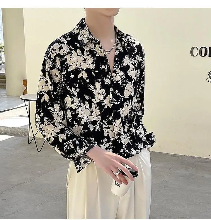 Men's Floral Shirt Men's Style New Long-sleeved Spring Autumn High-end Ice Silk Casual Loose
