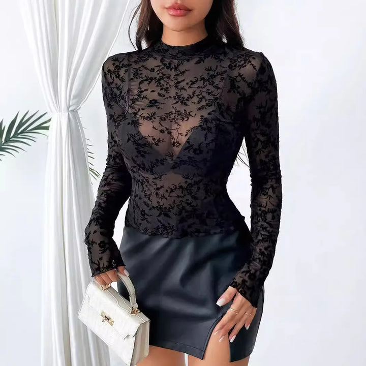 Women’s Sexy Mesh Top – Long Sleeve Floral Sheer Blouse