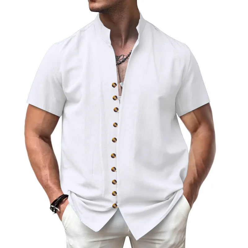Summer New Short Sleeve Shirts for Men Fashion Solid Casual Linen Tops Breathable Stand Collar Loose Beach Blouses Men Clothing