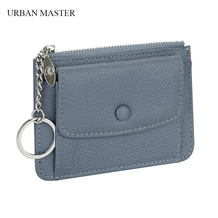 محفظة جلدية نسائية للبطاقات والعملات المعدنية مع سلسلة مفاتيح