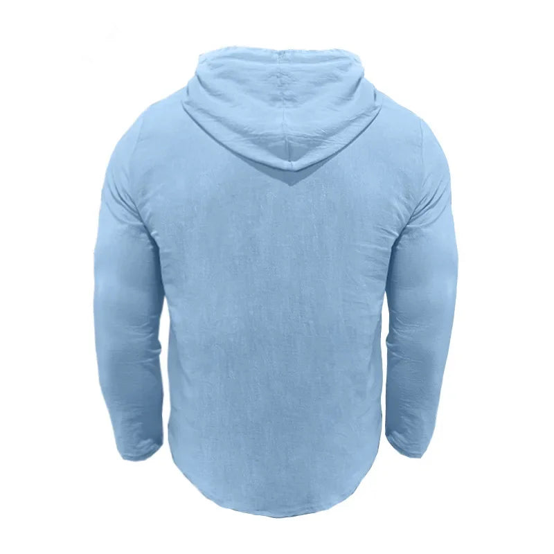 2026 New Men's  T-Shirts Spring Summer Hooded Cotton Linen Tops for Men Soft Loose Henley Shirt Casual Button Long Sleeve Shirts