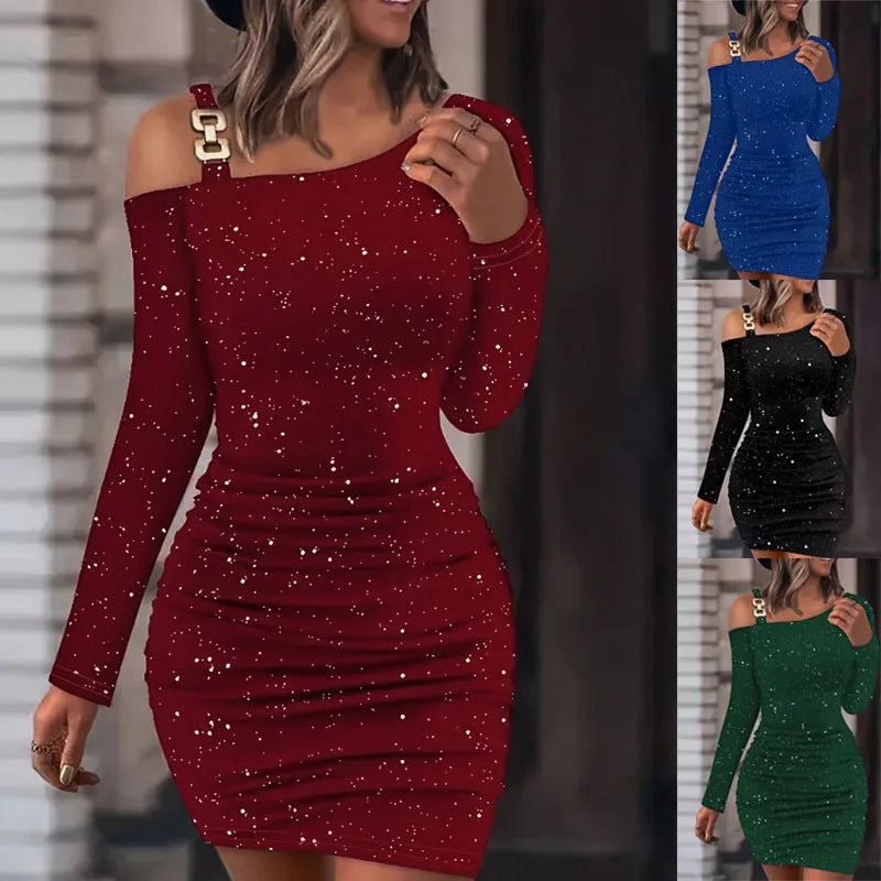 Women Dresses  Autumn Fashion New Asymmetrical Neck Long Sleeve Velvet Contrast Sequin Twisted Sexy Party Mini Bodycon Dress