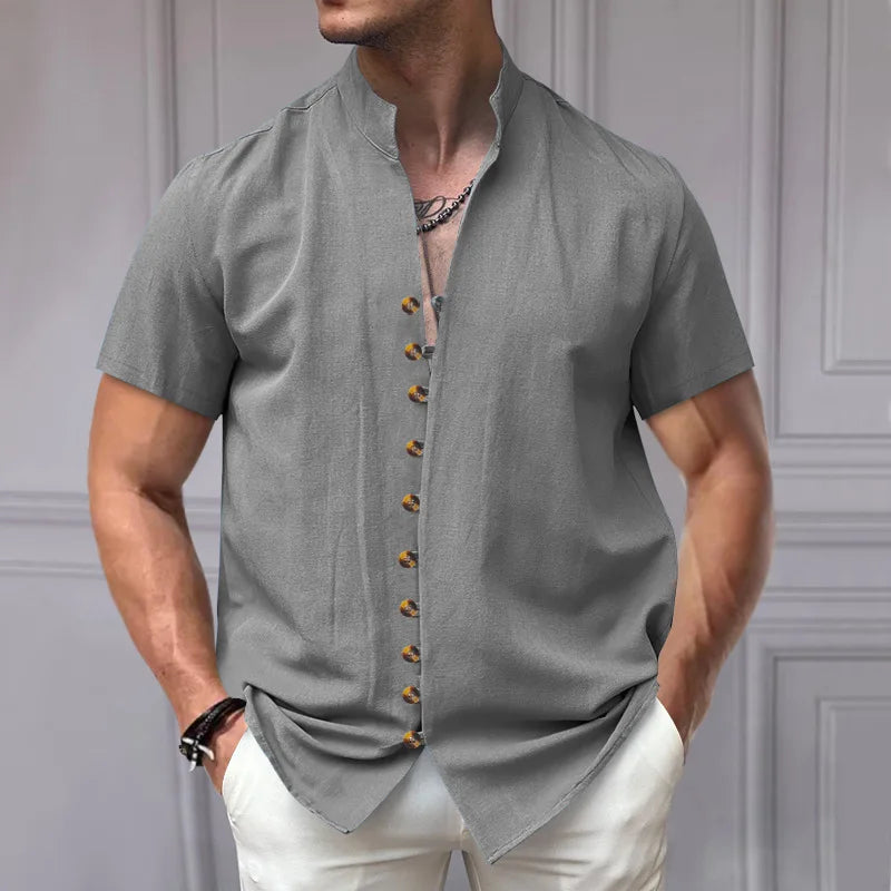 Summer New Short Sleeve Shirts for Men Fashion Solid Casual Linen Tops Breathable Stand Collar Loose Beach Blouses Men Clothing