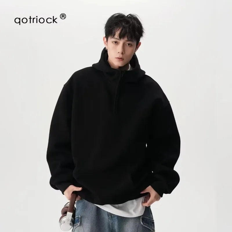 Men's Clothing American Half-zip Hooded Sweatshirt for Men Trendy Brand Spring Autumn Sports Versatile