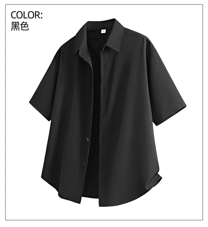 Short Sleeve White Shirts Men's Summer Anti-Wrinkle Business Loose Fit Ice Silk Shirt Youthful Button Iron-Free Black Work Shirt