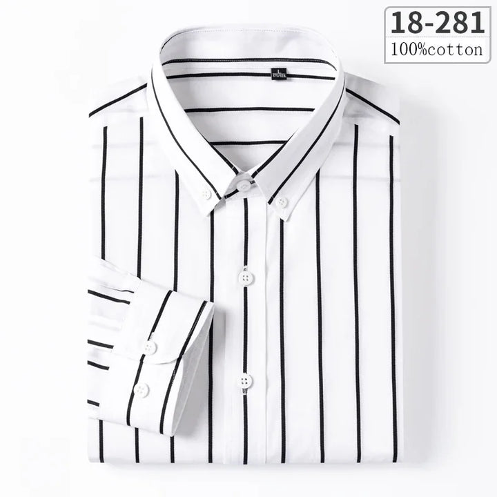 New in Shirt 100% Cotton Long-Sleeve Shirts for Men Slim Fit Plain Shirt Thin Plaid Striped Tops Fashion Elegants Office Clothes