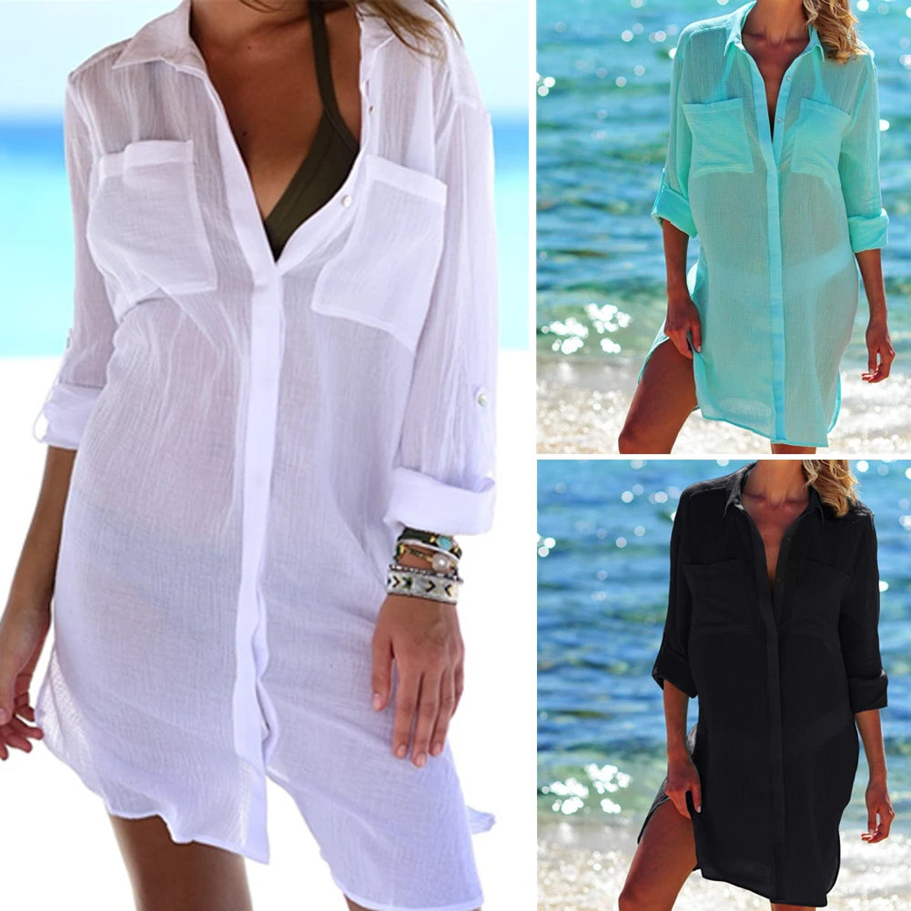 Women’s 2026 Cotton Beach Tunic Dress – Sexy White Maxi & Mini Cover-Up