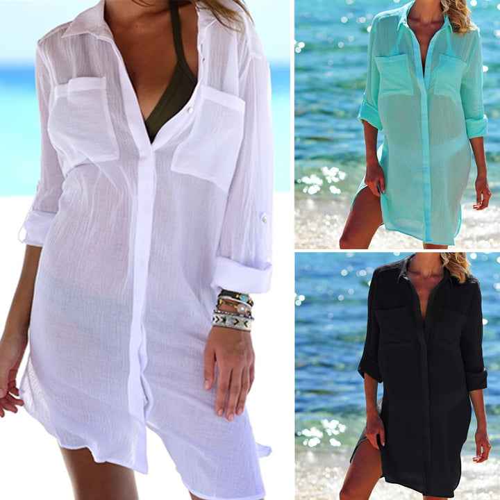 Women’s 2026 Cotton Beach Tunic Dress – Sexy White Maxi & Mini Cover-Up